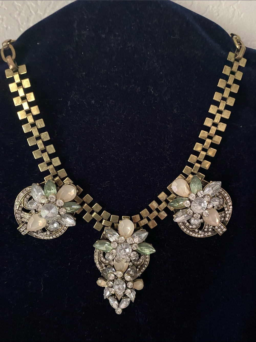 Crystal Floral Statement Necklace - Gold with Pearl and Green Accents